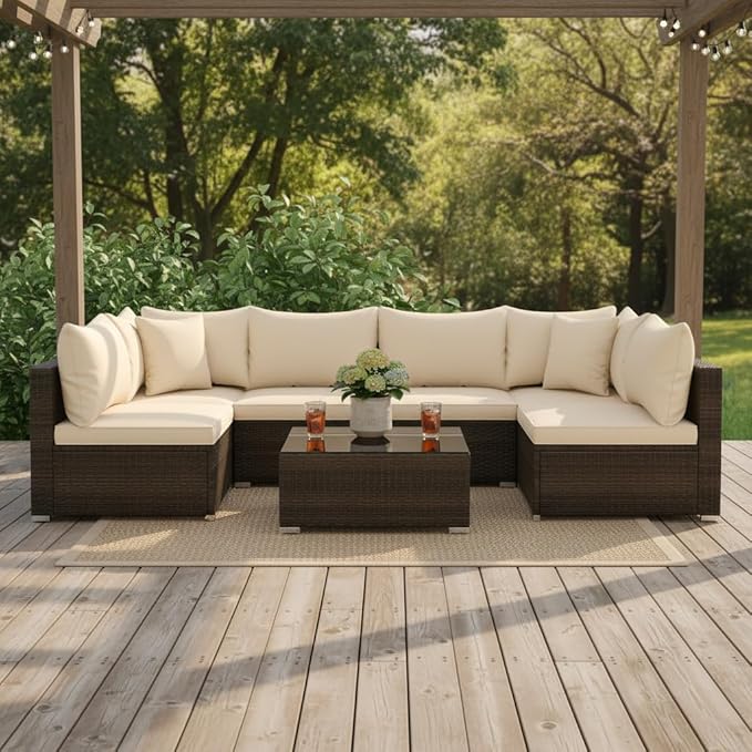 Tangkula 7 Pieces Wicker Patio Furniture Set, All-Weather Outdoor Rattan Sectional Sofa Set with Cushions & Tempered Glass Coffee Table, Outside Sofa Set for Garden, Lawn, Deck, Backyard