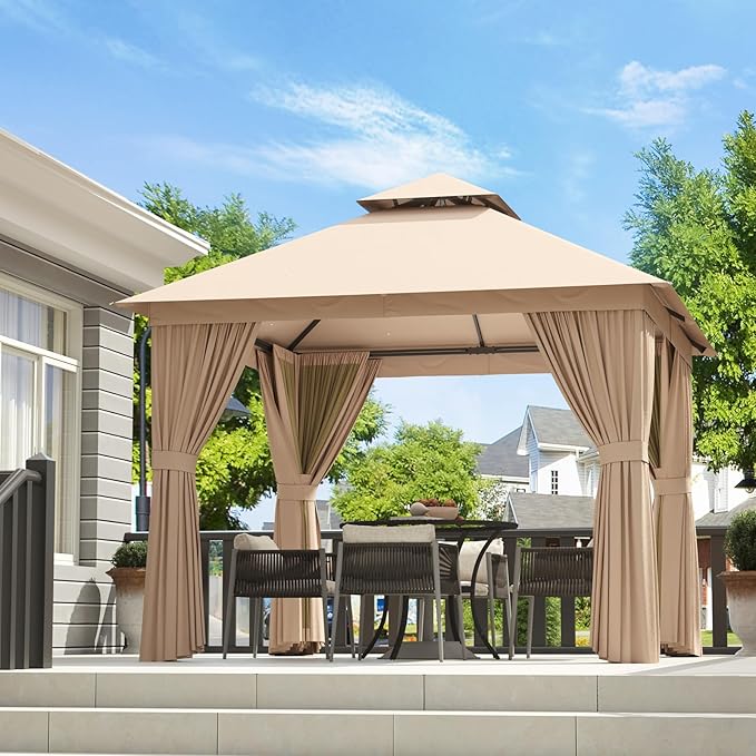 AOXUN Outdoor Gazebo for Patio 8x8 Metal Frame Canopy with Double Roofs Heavy Duty Party Tent and Shelter with Mosquito Netting and Privacy Screen for Backyard, Lawn, Garden, Deck (Khaki)
