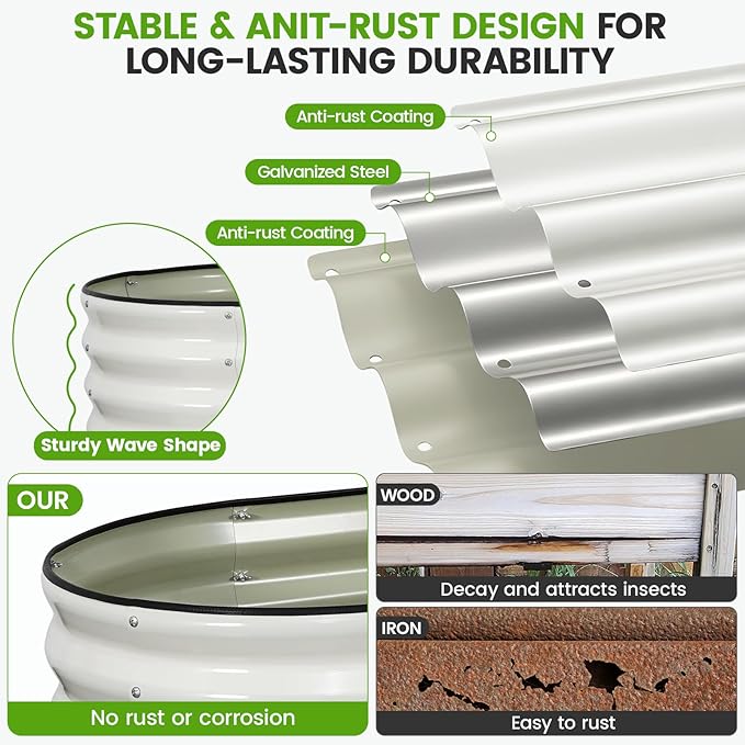 Galvanized Raised Garden Bed Outdoor 24'' Deep | Oval Metal Garden Beds with Easy Assembly & Planter Box for Planting Deep Root Vegetables Fruits Flowers, 6x2x2ft White