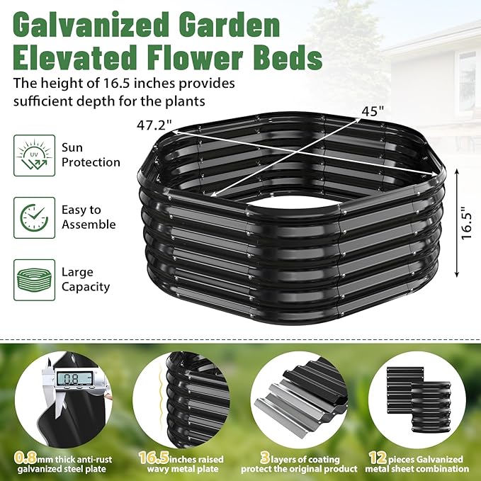 Hexagon Raised Garden Bed, 48 Inch Diagonal & 16.5 Inch Tall, Galvanized Steel Planter Box with Wave-Shaped Metal Panels for Outdoor Flower,Tree,Herb & Vegetable Garden (Black, 4FT X 1.5FT)