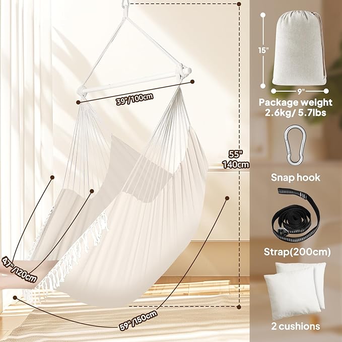 Chihee Hammock Chair 4.9ft x 3.9ft Max 500 Lbs Widen Hanging Swing 2 Cushions Included Metal Spreader Bar with Anti-Slip Grooves Portable Comfy Hanging Chair Side Pocket Bohemian Chair Indoor Outdoor