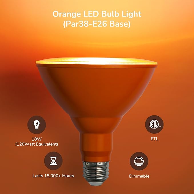 EDISHINE PAR38 Orange LED Flood Light Bulbs Outdoor, Dimmable LED Light Bulb, 18W(120W Equivalent), Outdoor Weatherproof Light Bulb, E26 Base, 2 Pack