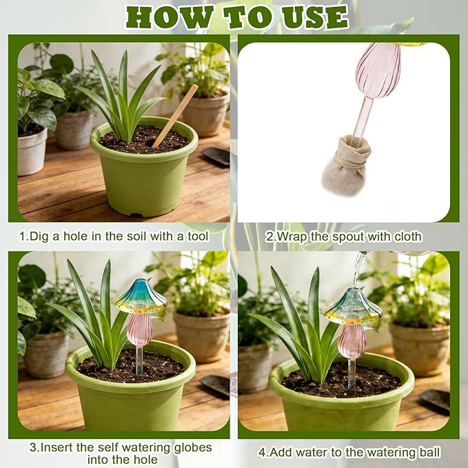 4 Pcs Plant Watering Globes Self Watering Planter Insert Glass Water Bulbs for Indoor and Outdoor Plants Mushroom Plant Watering Devices for Travel Vacation