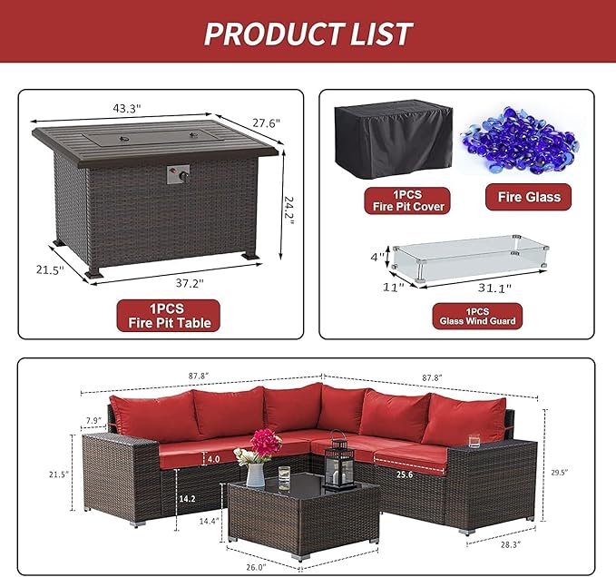 Kullavik 7 Pieces Outdoor Patio Furniture Set with 43" 55000BTU Gas Propane Fire Pit Table PE Wicker Rattan Sectional Sofa Patio Conversation Sets,Red