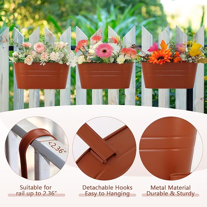 3 Pack Metal Railing Planters, 10.5" Oval Hanging Flower Pots with Detachable Hooks & Drainage Holes, Fits Rails up to 2.36", Galvanized Iron Fence Bucket for Balcony Garden Patio - Terracotta