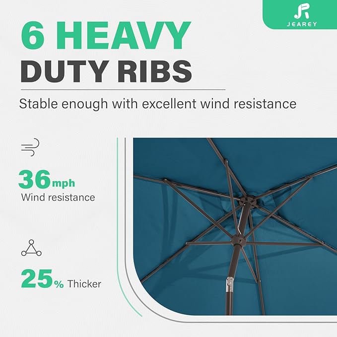 JEAREY 6.5x10 ft Rectangular Patio Umbrellas Rectangle Outdoor Umbrella with Push Button Tilt and Crank, Market Table Umbrella 6 Sturdy Ribs UV Protection for Poolside Garden Backyard Deck, Lake Blue