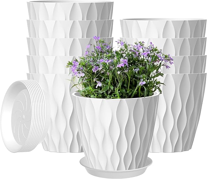 10 Pack 5 Inch Plant Pots with Drainage and Saucers, White Plastic Flower Pots for Indoor and Outdoor Plants, Stackable Nursery Planters for Houseplants and Herbs, White