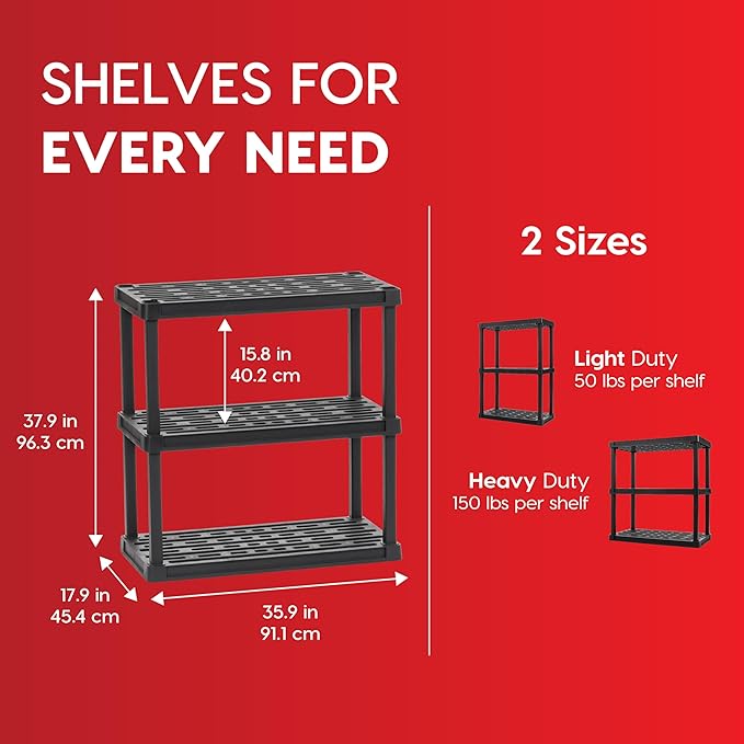 IRIS USA 3-Shelf Heavy Duty Plastic Storage Shelves, 450lb Capacity, 38" H x 36" W x 18" D, Large Modular Shelving Unit Storage Organizer for Garage, Home, Warehouse & Gym, Storage Rack - Black