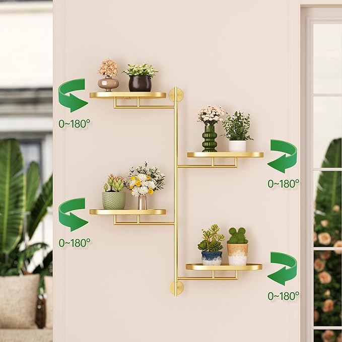 Window Rotating Plant Stand Shelf Indoor Gold Metal Floating Shelves 4-Tier Wall Mount Plant hanger Holders for Wall Planter Modern Home Decor window sill gifts