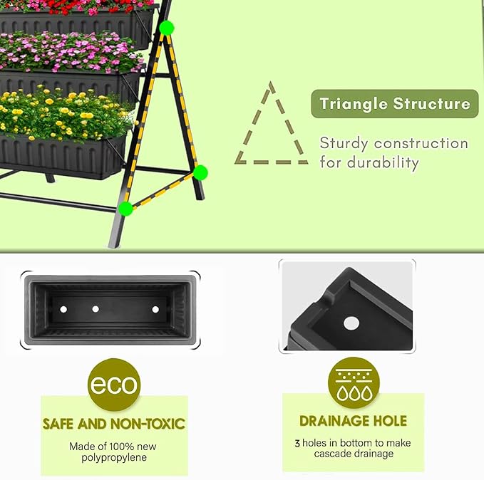 SEJOV 4FT Vertical Raised Garden Bed, 5 Tiers Elevated Planter Box for Herbs Vegetables Flowers, Graden Vertical Planter with Drainage System for Patio Balcony Garden Outdoor Indoor Plants (Black)