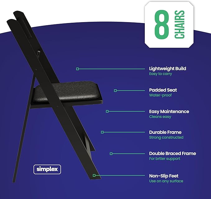 SIMPLEX 8 Black Resin Stackable Folding Chair - Comfortable Black Foldable Chair - Folding Chairs with Padded Seats - Indoor/Outdoor Folding Chairs for Events - Lightweight Foldable Chairs (8 Pack)