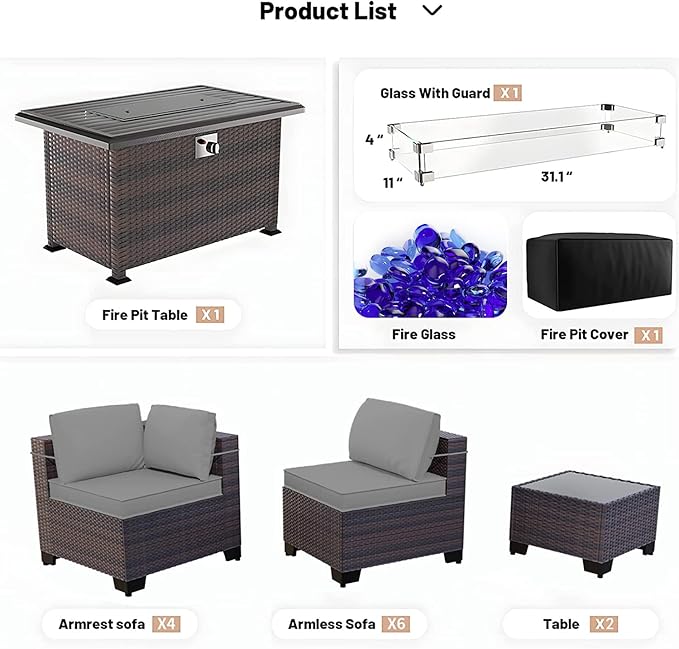 Kullavik 13 Pieces Outdoor Patio Furniture Set with 43" 55000BTU Gas Propane Fire Pit Table PE Wicker Rattan Sectional Sofa Patio Conversation Sets,Grey