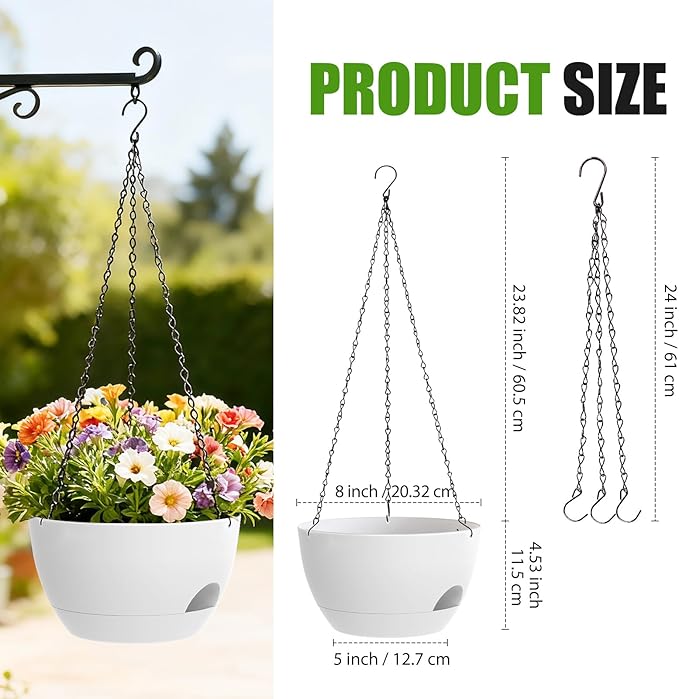 8 Inch Hanging Planters for Indoor Outdoor Plants, 4 Pack White Plastic Self Watering Hanging Baskets with Drainage Holes and Chain for Garden Porch