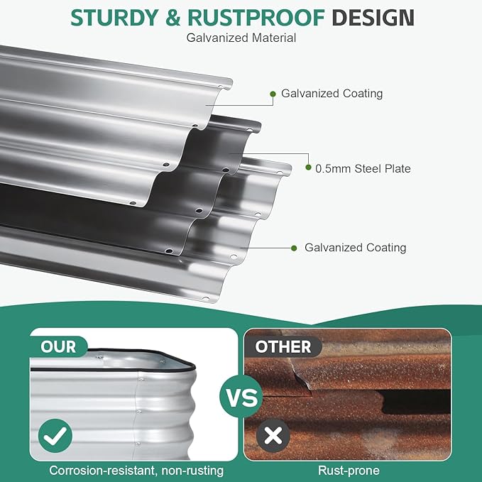 3 in 1 Galvanized Raised Garden Bed - 4x2x1ft (2Packs) Modular Planter Box Outdoor | Metal Raised Bed Kit with Bracing Rods for Gardening Vegetables Flowers Fruits Herbs (Silver)