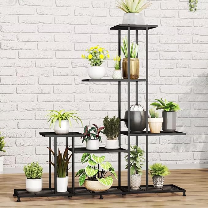 Twhep Heavy Duty Metal Plant Stand, 5 Tiers Multifunctional Plant Stand for Indoor Outdoor, for Tall Large Rack for Living Room Garden Balcony, Black