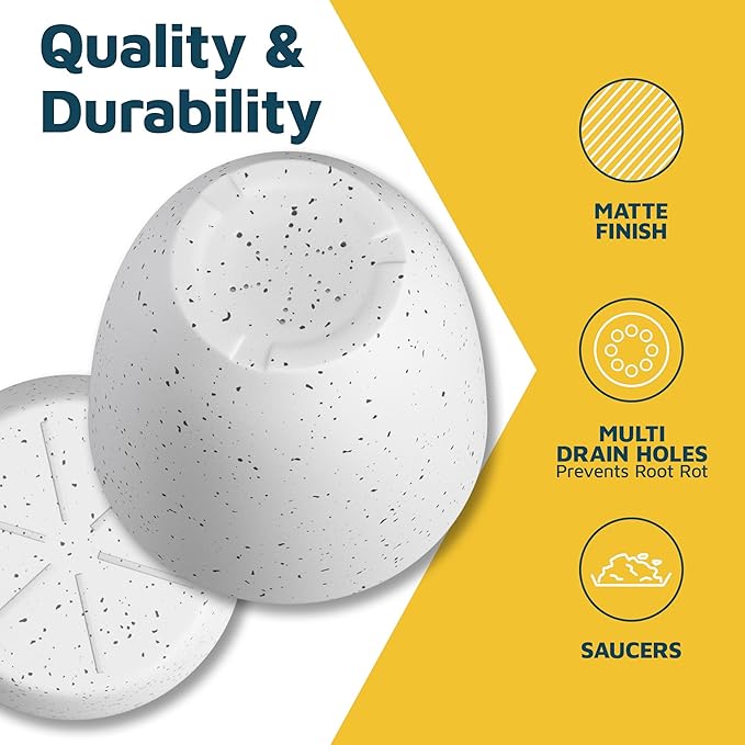 White Gray Plant Pots with Drainage Holes & Saucers 15 Pack, Indoor & Outdoor Stackable Space-Saving Planters for Houseplants & Flowers, (7", 6.7", 6", 5.3", and 4.8" Inches), Durable & Weatherproof