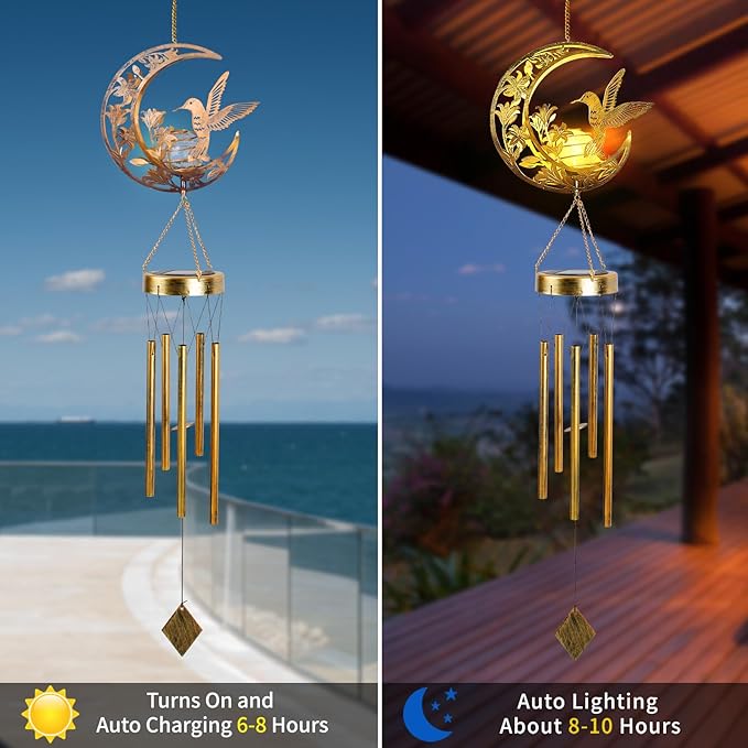 Moon Hummingbird Wind Chime Outdoor, Handcrafted Metal Garden Wind Chimes with Hummingbird Charms, Melodic Wind Bells for Patio Porch Decor, Weatherproof Gift for Nature Lovers & Bird Watchers