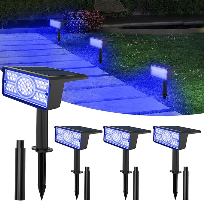 T-SUN Solar Spot Lights Outdoor, 4 Pack 49LED Landscape Spotlights, 2 Lighting Modes Auto ON/Off Solar Lights for Trees, Garden, Yard, Pathway, Driveway(Blue)