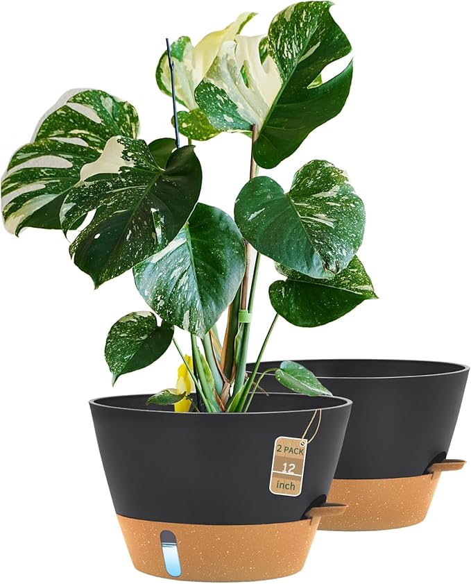 12-Inch Self Watering Planters with Drainage Holes, Large Flower Pots for Indoor Outdoor Plants, Garden Pots Grey 2 Pack