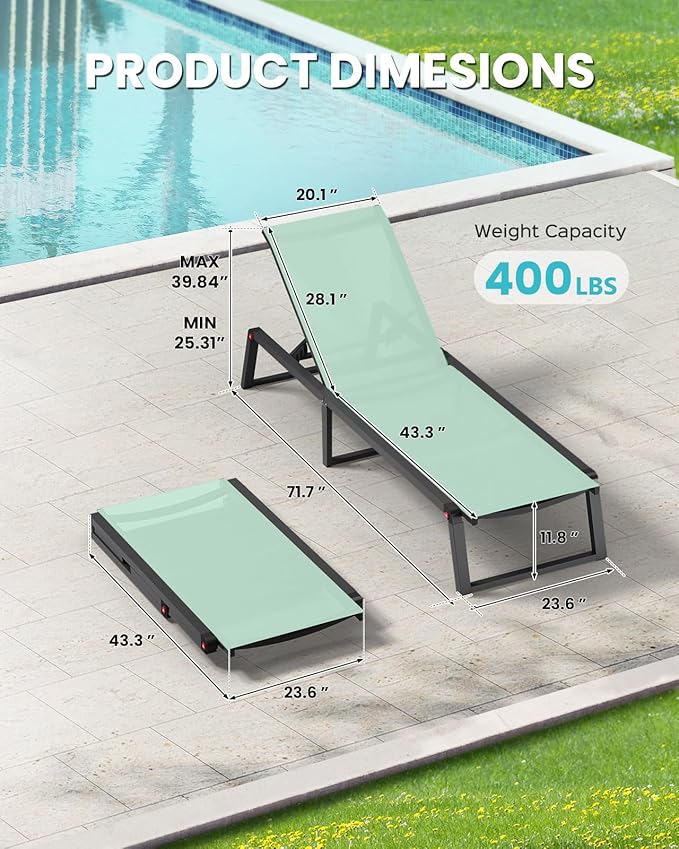 Aluminum Chaise Lounge Chair Outdoor, Foldable & Assembly Free Patio Pool Lounge Chairs 5-Position Recliner for Outside Poolside, Fully Grounded Legs Sun Lounger for Beach, Yard, Light Green