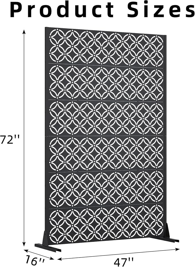 Casaphoria Metal Privacy Screen Outdoor, 72" H x 47" W Freestanding Decorative Privacy Screen for Patio Deck Balcony Garden with Stable Base, Palace Black