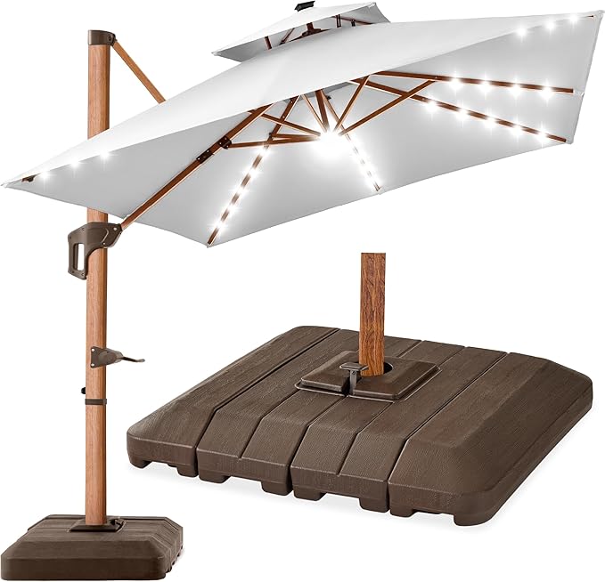Best Choice Products 10ft Square Cantilever Patio Umbrella w/Base Included, Woodgrain Pattern Pole & Solar LED Lights, 360-Rotation, Offset Hanging Outdoor Shade - Fog Gray
