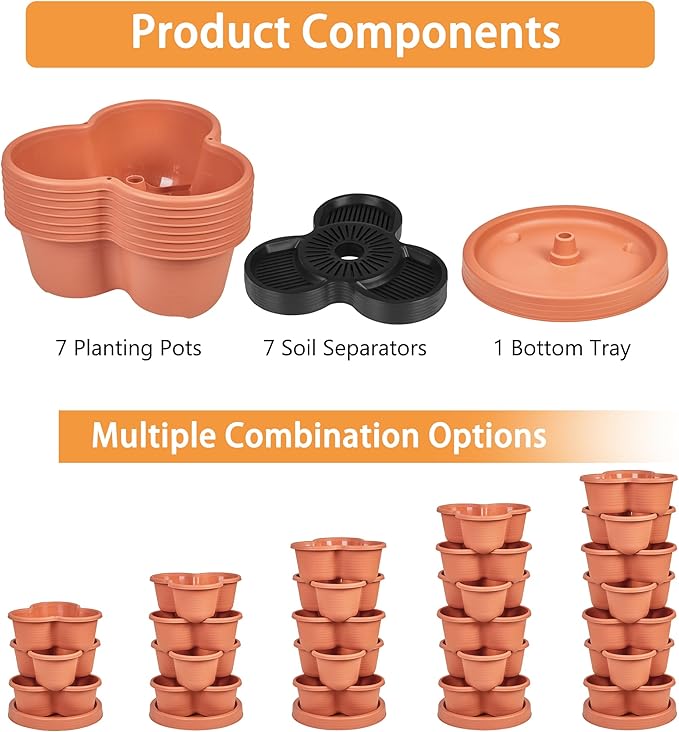 VECELO 7 Tier Vertical Garden Planter, Self Watering Stackable Planters with Wheels for Strawberries, Herbs, Flowers, Vegetables, Red