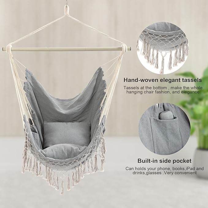 Hammock Chair, Hanging Rope Swing Seat with 2 Cushions,Macrame Hanging Chair Side Pocket with High Load-Bearing Metal Rod,for Indoor, Outdoor, Extra Comfortable