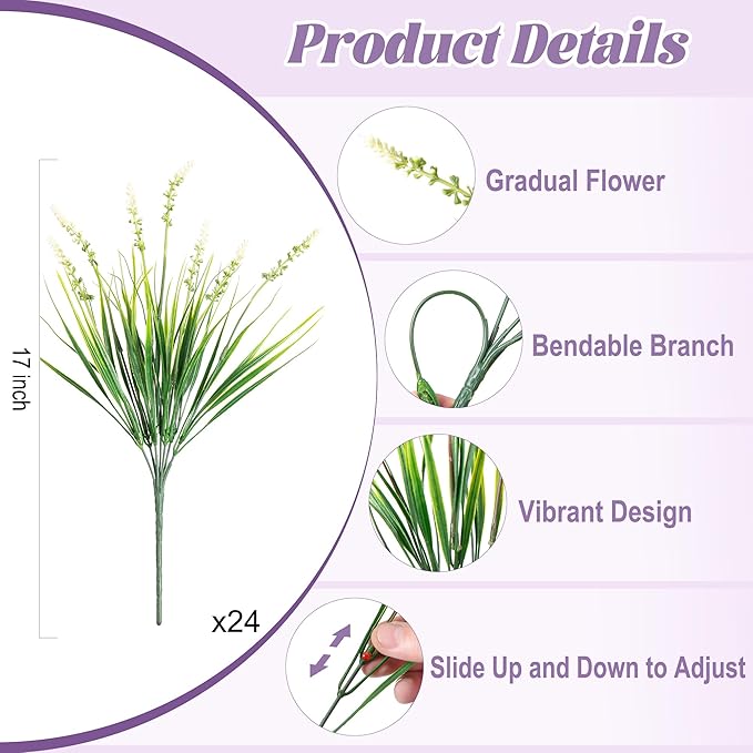 24 Pcs Artificial Faux Plants for Outdoor Spring Decoration, Fake Monkey Grass for Garden Porch Balcony Planters, Fake Greenery Shrubs UV Resistant No Fade Plants Bush for Pathway(White)