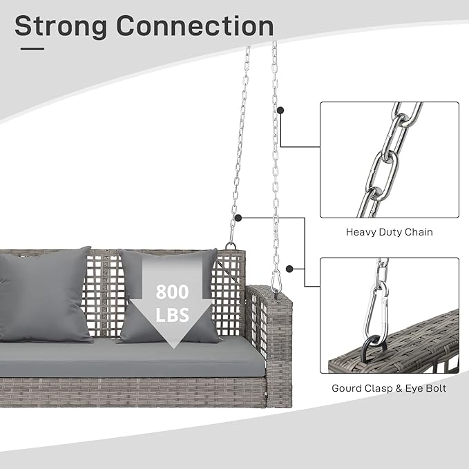 Outvita Porch Swing, 4FT Hanging Outdoor Porch Swings for Adults, Wicker 2 Person Patio Swing, with Cushion, Pillow and Chain for Garden, Backyard, Weight Capacity - 800lbs