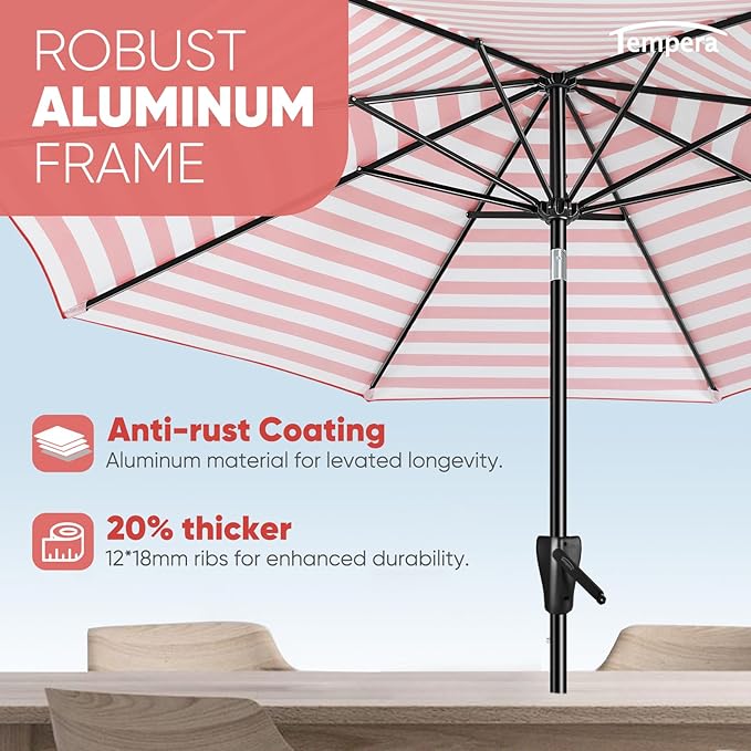 Tempera Patio Market Outdoor Table Umbrella with Auto Tilt and Crank, Large Sun Umbrella with Sturdy Pole & Fade Resistant Canopy, Easy to Set