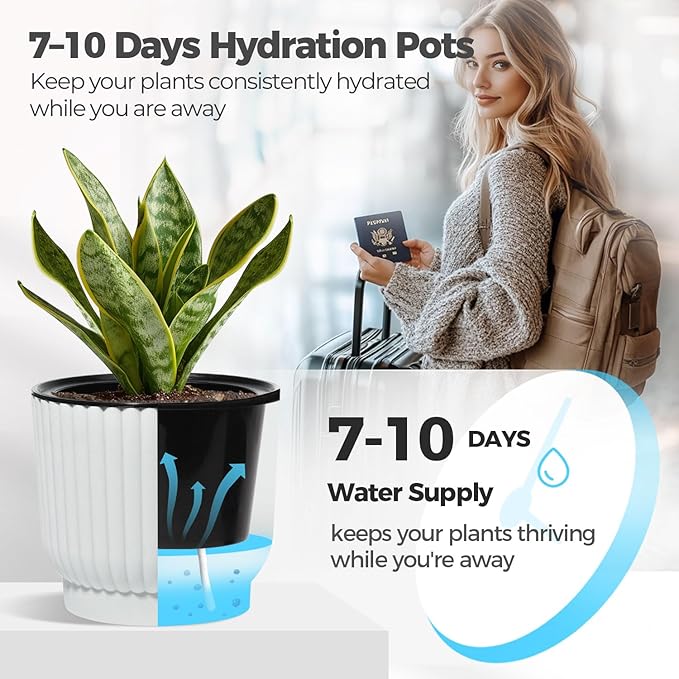 T4U 7 Inch Self Watering Pots for Indoor Plants, 4 Pack Plant Pots, Self Watering Planter for Indoor Plants, Durable Plastic Pots (4 Pack, 7", White)