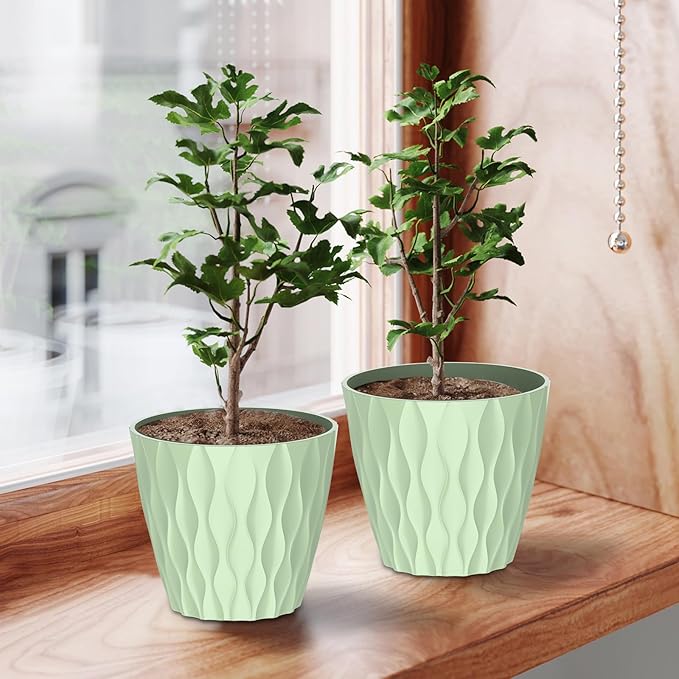 6 Pack 7 Inch Indoor Plant Pots with Drainage Holes, Outdoor Plastic Decorative Flower Pots, Garden Planters with Tray Saucers for Orchids, Violets, Succulents, Herbs, and Other Plants