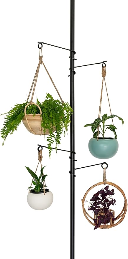 Tension Rod Plant Stand, Plant Poles for Hanging Plants Indoor, Metal Floor to Ceiling Hanging Plants Stand, Tension Pole Plant Stand with 6 Hooks (Fit 3.6-10ft)