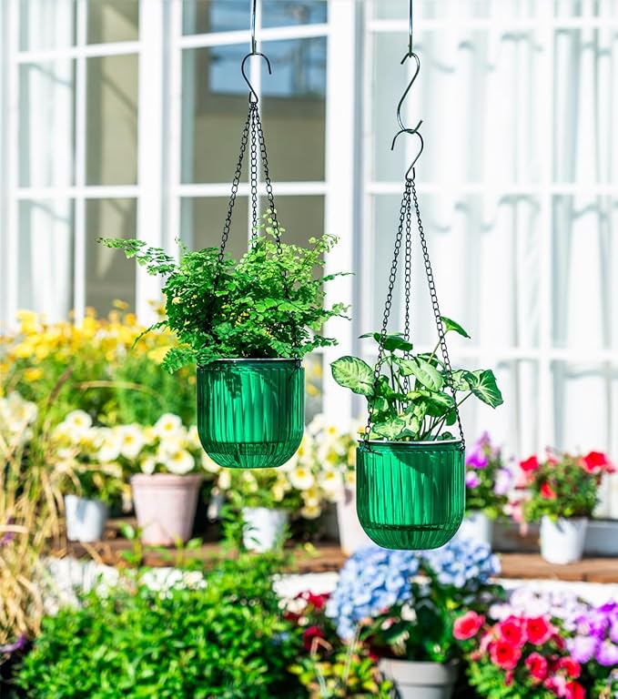 Josteve 5.2 Inch 2 Pcs Self Watering Hanging Planter Indoor Plant Pots Drainage Holes, Outdoor Small Hanging Planters Flower Pot Basket, Visible Water Level, Plant Hanger Home Decor, Gardening
