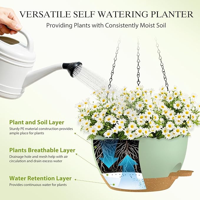 10 Inch Hanging Baskets 2 PC with Chains, Self-Watering Hanging Planters for Indoor Outdoor Plants, Plastic Hanging Flower Pots,Green Brown