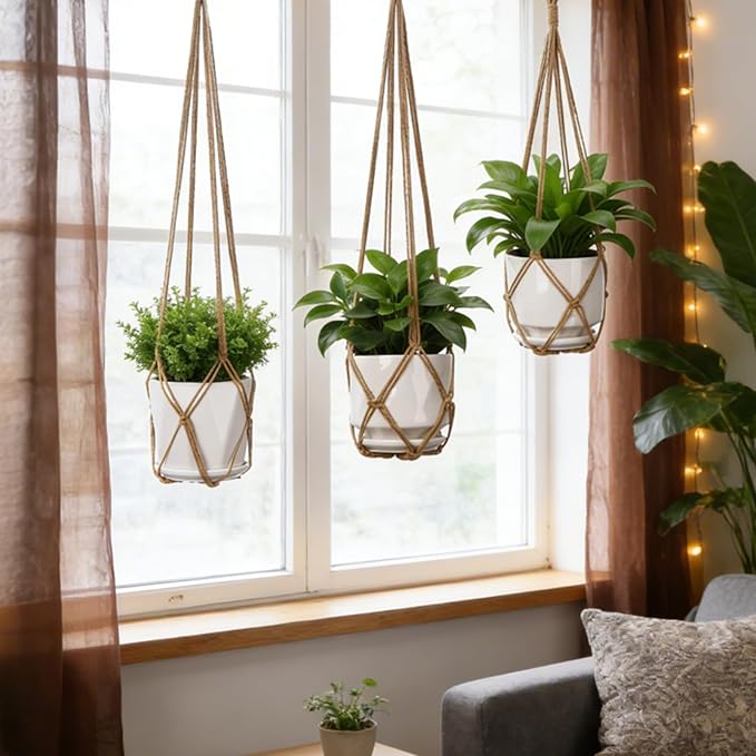YIBOT 3 Pack Macrame Plant Hanger Indoor Hanging Planter Basket with 3 Hooks, 35"/29"/23" Crochet Plant Holder Stand No Tassels for Indoor Outdoor Boho Home Decor, Brown (POTS NOT Included)