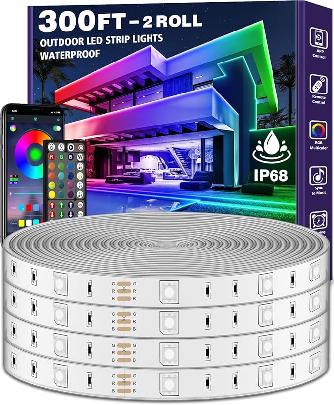 Outdoor LED Strip Lights Waterproof,IP68 Outside Led Light Strips Waterproof with Bluetooth App Remote Control,Music Sync RGB Exterior Led Rope Lights,for Balcony,Deck,Roof,Garden,Pool (300FT Outdoor)