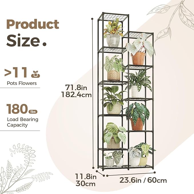 Bamworld Plant Stand Indoor Outdoor 11 Tire Tall Large Metal Plant Shelf Multi Tier Flower Stands Garden Shelves Wooden Plant Display Holder Rack for Living Room Corner