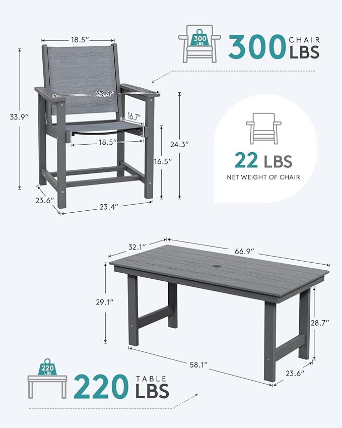 SERWALL Patio Dining Sets for 6, Outdoor HDPE Dining Set with Umbrella Hole Cut-Out Table and 6 Woven Chairs, Gray