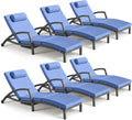 Chaise Lounge Chairs Outdoor Set of 6, Comfy Outside Wicker Patio Pool Lounge Chair w/ 5 Adjustable Back Angle, Cup Holder, Thicken Cushion