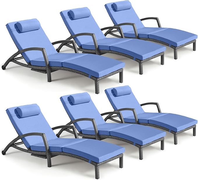Chaise Lounge Chairs Outdoor Set of 6, Comfy Outside Wicker Patio Pool Lounge Chair w/ 5 Adjustable Back Angle, Cup Holder, Thicken Cushion