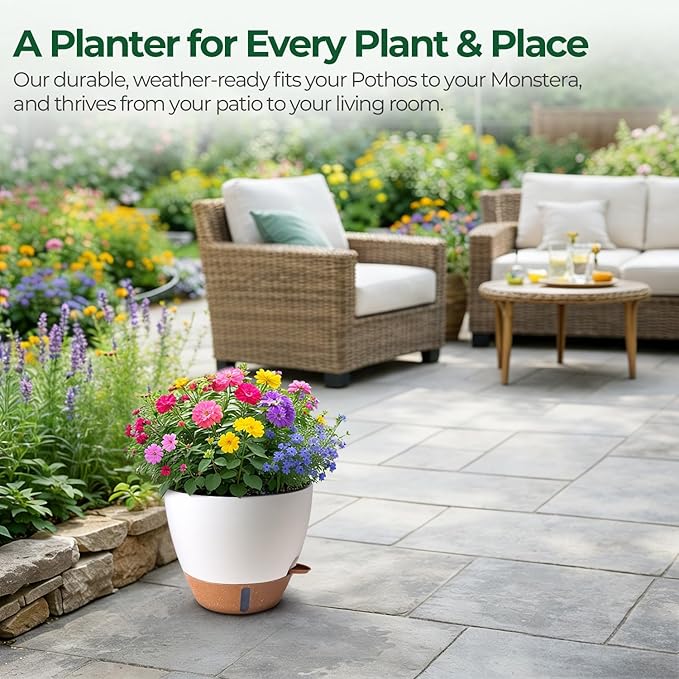 2 Pack 10 Inch Self Watering Pots - Water Level Indicator & Deep Reservoir, Mess-Free Planter for Busy People, Beginners & Gardeners, Fiddle Leaf Fig, Monstera, ZZ Plants, Indoor Outdoor Use (White)