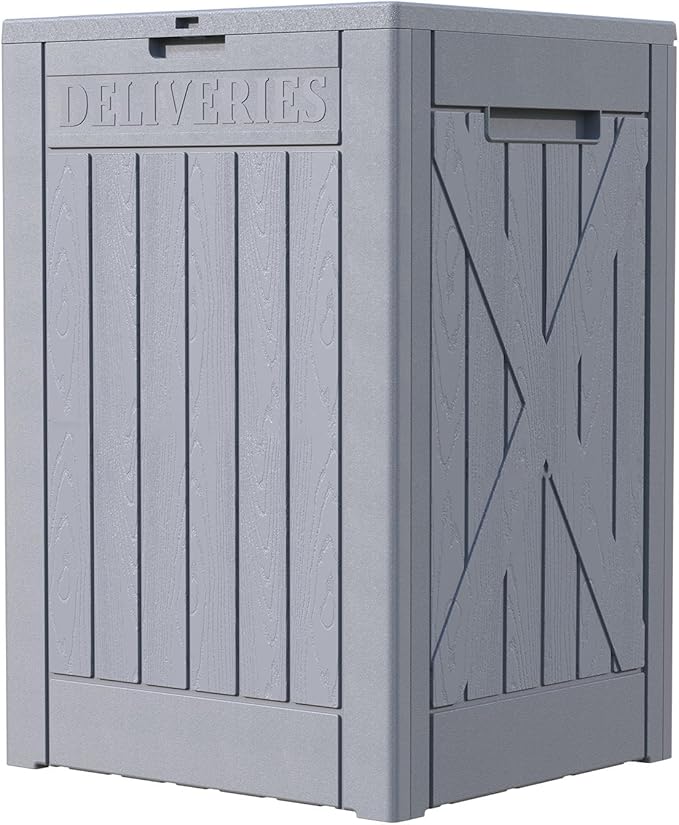 Patiowell 48-Gallon Resin Package Delivery Box for Outside, Waterproof Storage Deck Box with Lockable Secure (Grey)