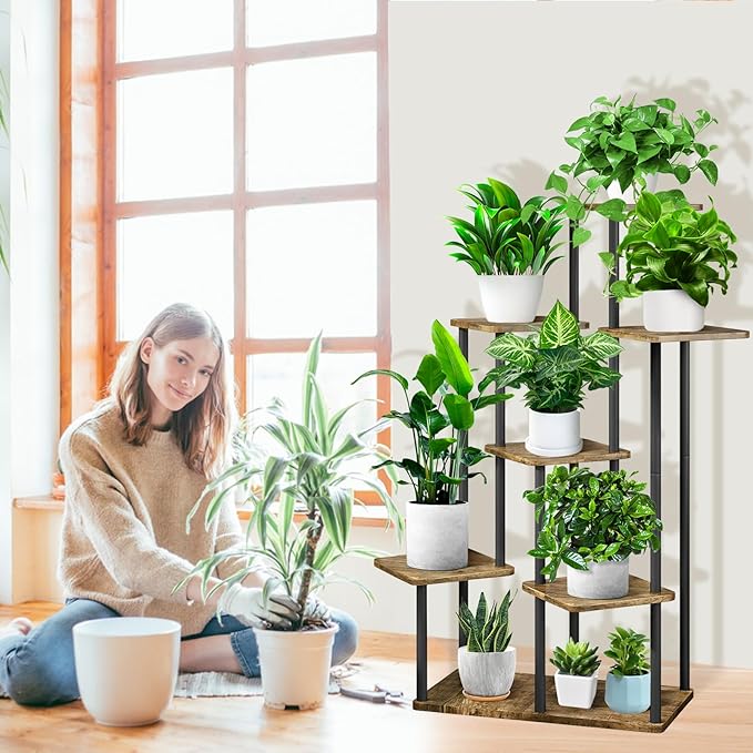 7 Tier Plant Stand Indoor, Thickened Metal Wood Corner Plant Shelf Stands for Multiple Plants, Indoor Tall Plants Stand Tiered Flower Holder for Living Room Patio Garden Balcony(Black+Brown)