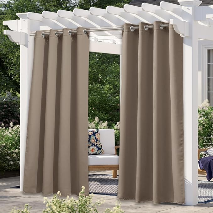 NICETOWN Morandi Brown Outdoor Curtains for Patio Waterproof 84 inch Long, 2 PCs Stainless Grommet Thermal Insulated Sun Blocking Outdoor Drape for Gazebo, UV Protection Outside Privacy Shade