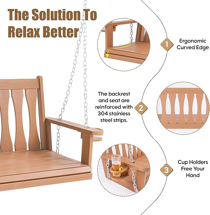 HIPS All-Weather Outdoor Hanging Porch Swing,2 Seat Hanging Swing Bench with Cup Holders,Patio Swing Chair with Hanging Chains for Courtyard & Garden