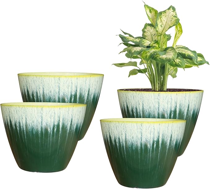 8 inch Plant Pots with Drainage Holes, Pack of 4 Plastic Flower Pots Indoor, Modern Glossy Finishing Planter for Indoor Outdoor Plants (Green Glaze, 4 Pack)
