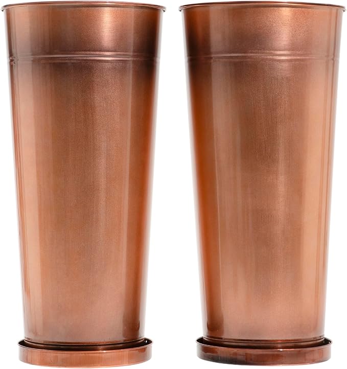 28in Tall Copper Planters Set of 2,Galvanized Steel Tall Outdoor Planter for Indoor/porches- Copper Color(2planters,2inner pots with Holes,2trays)
