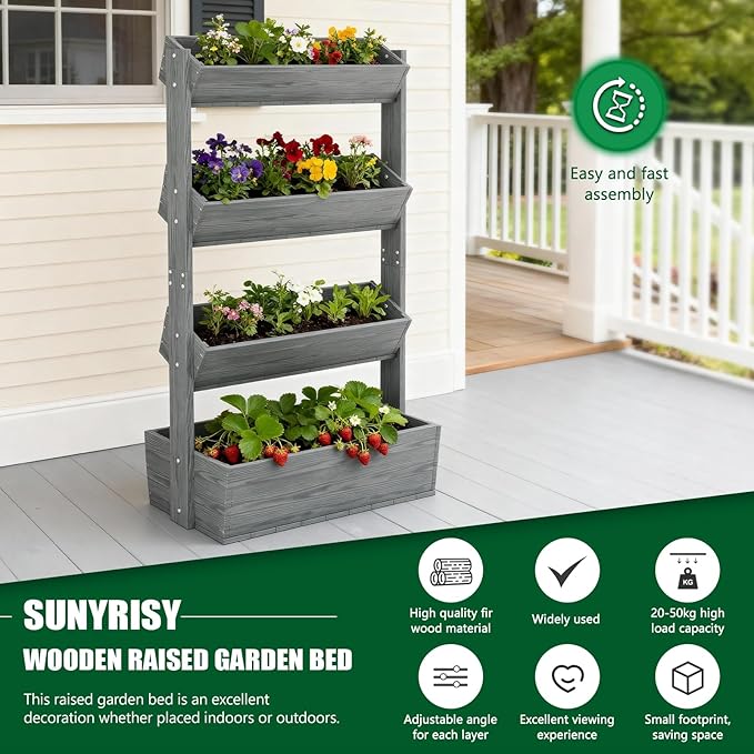 SUNYRISY 4 Tiers Vertical Raised Garden Bed Outdoor Planter Tower, Wooden Freestanding Planter Box for Planting Herbs Flowers Vegetables Patio Balcony Indoor Outdoor Gardening, Grey